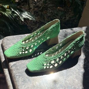 Miista Green Woven Low Block Heel Pumps